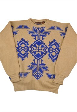 Vintage Knitted Jumper Retro Pattern Tan/Blue Large