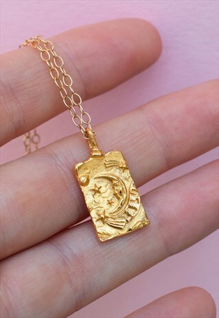 GOLD RECTANGLE NECKLACE WITH CELESTIAL MOON STARS HANDMADE