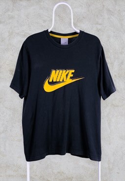 Vintage Nike Black T-Shirt Spell Out Yellow Swoosh Logo L