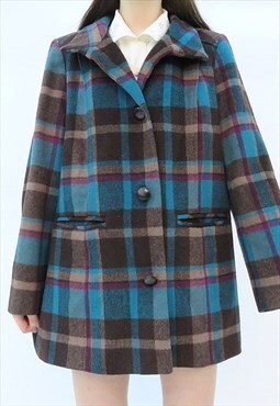 90s Vintage Multicoloured Check Coat Jacket (Size M)