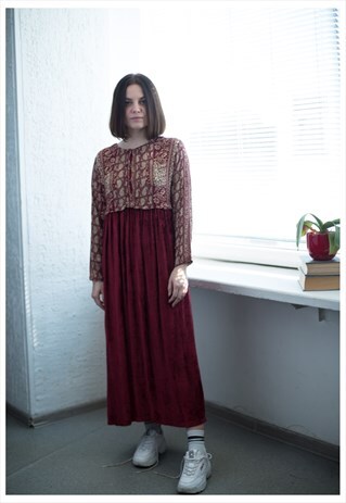 VINTAGE 80'S BURGUNDY RED PATTERNED TOP BOHO DRESS