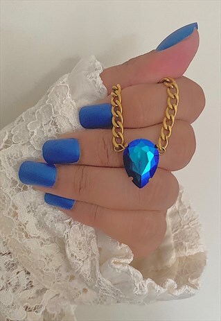 ROYALE. BLUE TEARDROP CRYSTAL CHOKER GOLD CHAIN NECKLACE