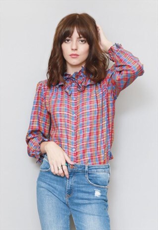 VINTAGE 1970'S RUFFLED METALLIC GINGHAM BOW BLOUSE