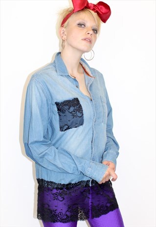 VINTAGE 90S PRETTY DISTURBIA BLUE DENIM BLACK LACE SHIRT