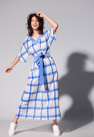 WHITE BLUE CHEQUERED MAXI BELTED DRESS FOR SUMMER