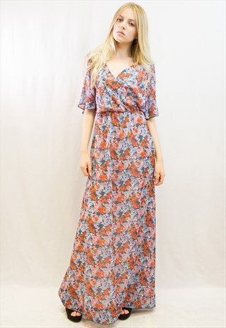 OVERSIZE ORANGE FLORAL DAISY PRINT CHIFFON LONG WRAP DRESS