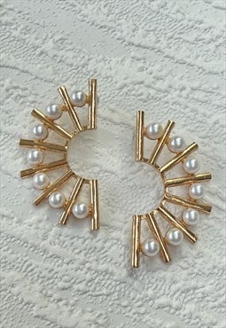Gold Faux Pearl Doorknocker Studded Earrings
