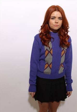 VINTAGE 1980'S 80'S PURPLE ARGYLE SWEATER JUMPER KNIT S-M