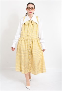 Vintage plaid dress in yellow with bow neck