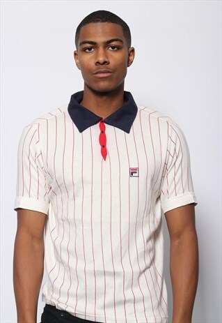 VINTAGE FILA WHITE LINE LOGO STRIPED POLO SHIRT WHITE