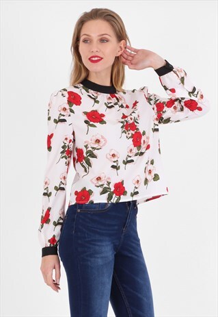 CONTRASTING TRIM FLORAL BLOUSE