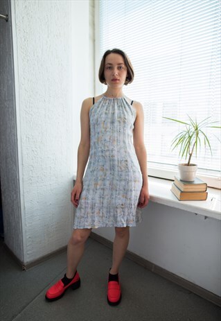 VINTAGE 70'S GREYISH/BLUEISH PATTERNED MINI SLEEVELESS DRESS
