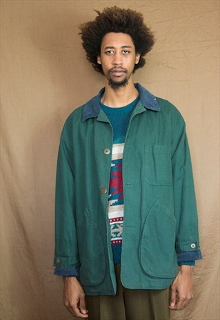 90S WORKWEAR GREEN FLANNEL LINED CANVAS CHORE BARN JACKET