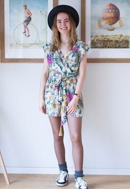Cream floral belted playsuit