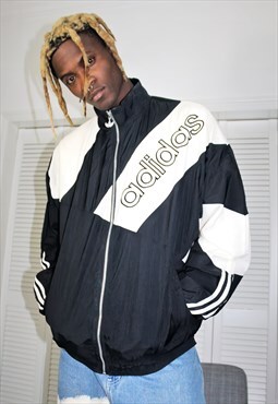Vintage 90s Black & White Adidas Spellout Embroidered Jacket