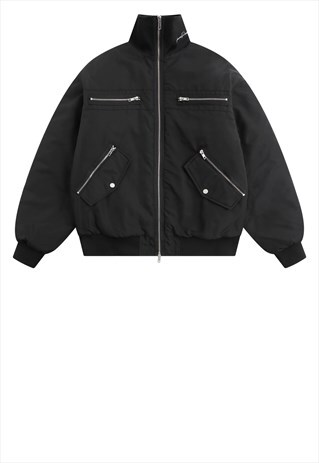 GRUNGE BOMBER JACKET RAISED UTILITY GORPCORE PUFFER IN BLACK