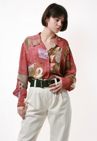 80S ABSTARCT MULTICOLOR PATTERN BLOUSE VINTAGE SHIRT 1457