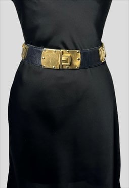 Donna Karan New York 80's Black Leather Gold Metal Belt