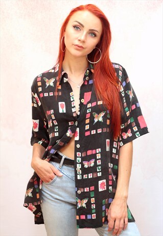 1990S VINTAGE BUTTERFLY PRINT VISCOSE BLOUSE