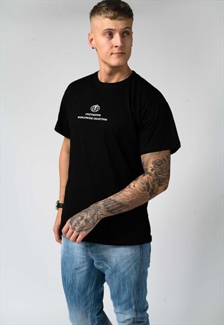 OVERSIZED T-SHIRT IN BLACK WITH WHITE WORLDWIDE PRINT