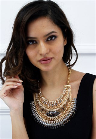 BLACK & BLUE FAN STYLE DIAMANTE STATEMENT NECKLACE