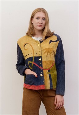 Vintage Women's M Suede Leather Jacket Blazer Colour Blocks