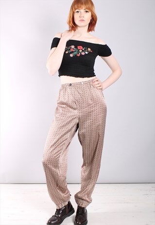 VINTAGE 70S FLORAL PATTERNED SATIN TAPERED TROUSERS