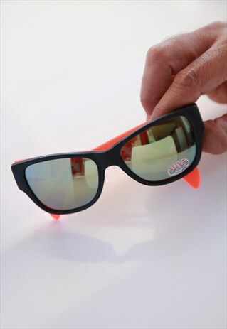 VINTAGE BLACK FRAME, NEON ORANGE TEMPLES, IRIDESCENT LENSES.