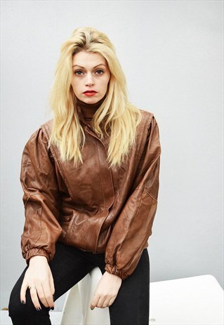 80'S RETRO BROWN FAUX LEATHER OVERSIZED BOMBER JACKET