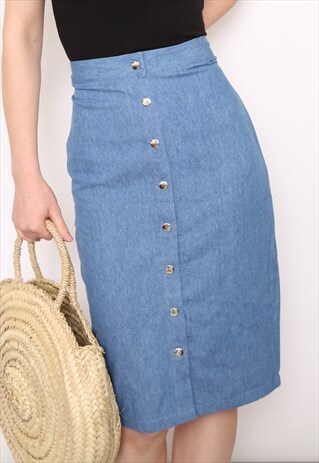 VINTAGE REWORKED BLUE DENIM BUTTON PENCIL SKIRT