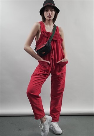 VINTAGE 80'S RED CORDUROY DETAIL ROMPER DUNGAREES