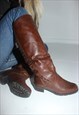 VINTAGE 80S FLEECE LINED BROWN LEATHER KNEE HIGH BOOTS