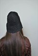 VINTAGE KNITTED BUCKET HAT, 80S WOMEN BLACK KNIT VICTORIAN 