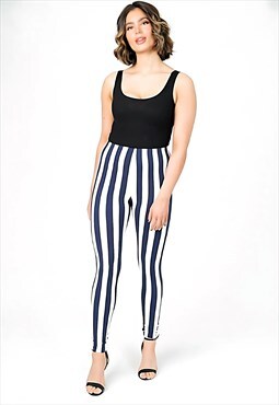 High Waist Leggings Girls Blue & White Stripe Stretchy Pant