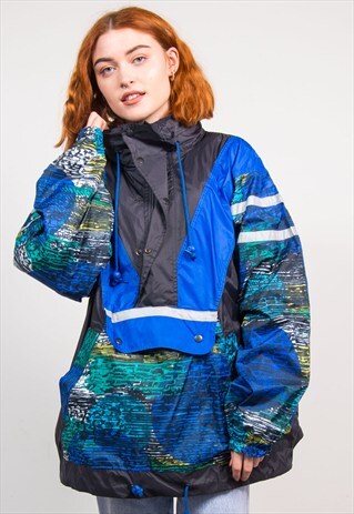 VINTAGE 90'S BLUE CRAZY PATTERN PULLOVER CAGOULE JACKET