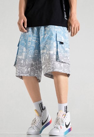 GRADIENT PRINT MULTI-POCKET DRAWSTRING CARGO SHORTS