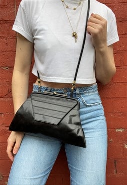 90s Shiny Black Leather Shoulder Bag