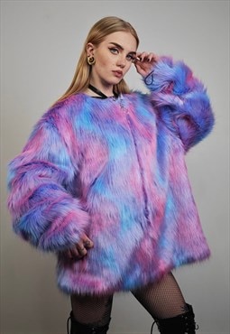 Neon faux fur jacket collarless pastel coat festival bomber