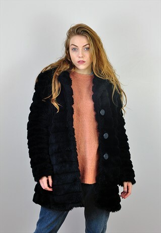 VINTAGE 90S BLACK FAUX FUR JACKET COAT