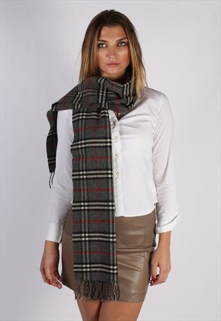 VINTAGE BURBERRY LAMBSWOOL CHECKED SCARF DARKGREY