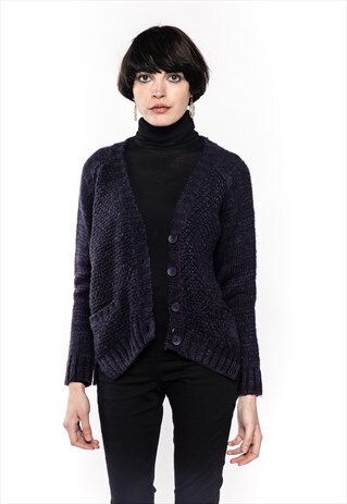 NAVY COLOR CABLE KNITTED FRONT POCKETS CARDIGAN