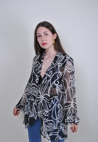 BLACK WHITE TRANSPARENT PATTERN BLOUSE, VINTAGE FLORAL SHIRT