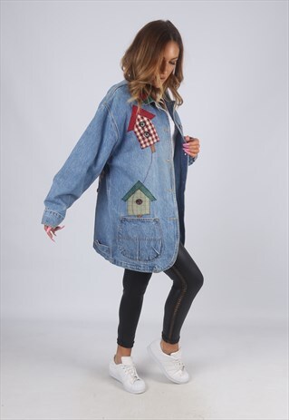 VINTAGE DENIM JACKET OVERSIZED EMBROIDERED LONGLINE 16 (7BG)