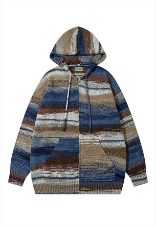 KNITTED HOODIE STRIPED JUMPER GRADIENT ZIP UP PULLOVER BLUE