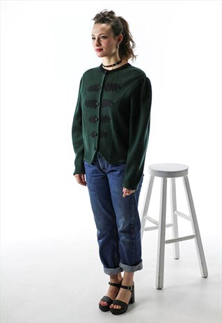 WOOL KNIT CARDIGAN / FOREST GREEN PUFFY SLEEVES SWEATER