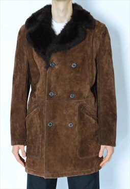 Vintage 60s Brown Faux Fur Collar Warm Winter Leather Coat
