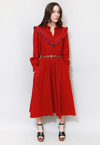 VINTAGE 1970'S RED RUFFLED FOLK COTTON MIDI DRESS