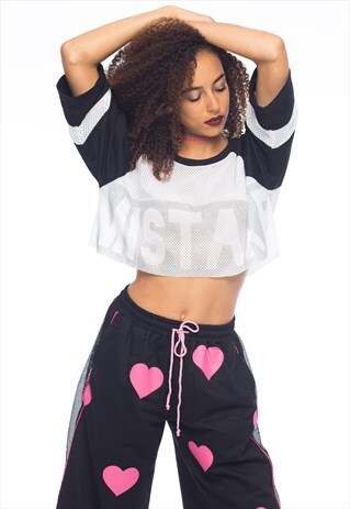 MESH PANELLED 90S CROPPED TEE W/ FESTIVAL GLITTER SLOGAN