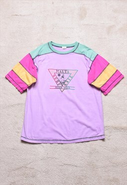 Women's Vintage 90s Pink Colour Block Print T Shirt