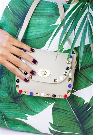 BEIGE MULTI COLOURED ROCK STUDDED CROSS BODY BAG